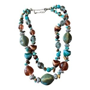 Chunky Vintage Blue & Brown Stone Beaded Multi-strand Chain Necklace